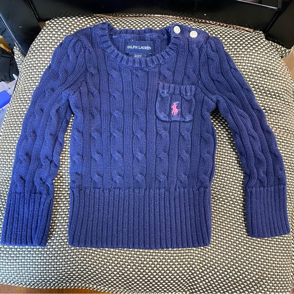Ralph Lauren Blue 2/2T Child’s Sweater with Pink Pocket Logo - Picture 2 of 7